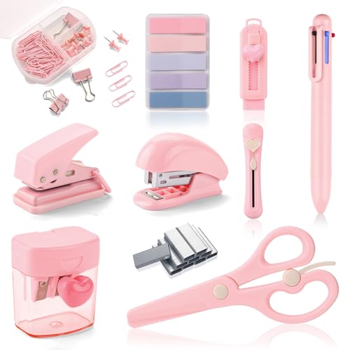 Pink Mini Office Supply Kit Mini School Supplies Desk Accessory Set Includes Mini Stapler Pencil Sharpener Staple Remover Hole Punch Ballpoint Pen Scissor Box Cutter Paper Clips Sticky Index Tabs - color: Pink