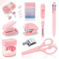 Pink Mini Office Supply Kit Mini School Supplies Desk Accessory Set Includes Mini Stapler Pencil Sharpener Staple Remover Hole Punch Ballpoint Pen Scissor Box Cutter Paper Clips Sticky Index Tabs - color: Pink