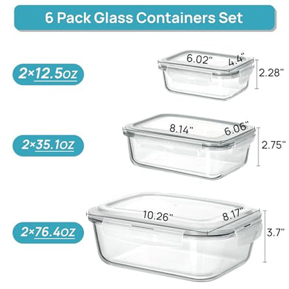 Vtopmart 2.26L/76oz Extra Large Glass Food Storage Containers with Lids, 6 pack Meal Prep Container Set, Airtight Lunch Boxes with Snap Locking Lids for Microwave, Oven, Freezer, Dishwasher - size: 6pack mixed sizes