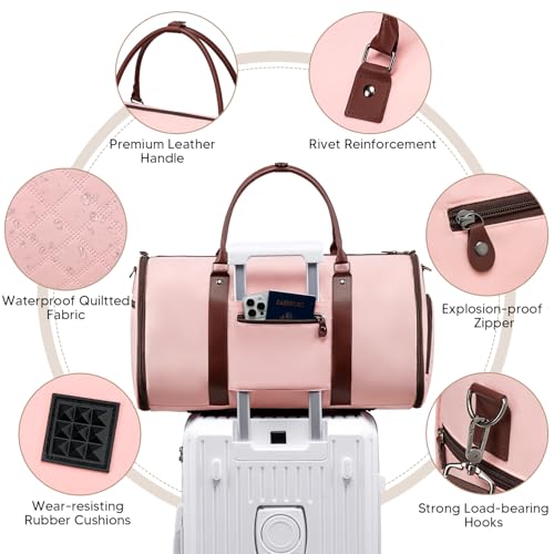 Vessgra Garment Bag for Airplane Travel,Weekender Travel Bag for Women, 2 in 1 Convertable Garment Duffle Bag with Shoes Compartment Carry on Bag Hanging Garment Bag Travel with Shoulder Strap,Pink - color: Pink