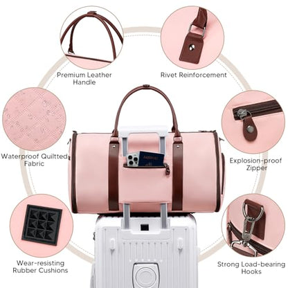 Vessgra Garment Bag for Airplane Travel,Weekender Travel Bag for Women, 2 in 1 Convertable Garment Duffle Bag with Shoes Compartment Carry on Bag Hanging Garment Bag Travel with Shoulder Strap,Pink - color: Pink
