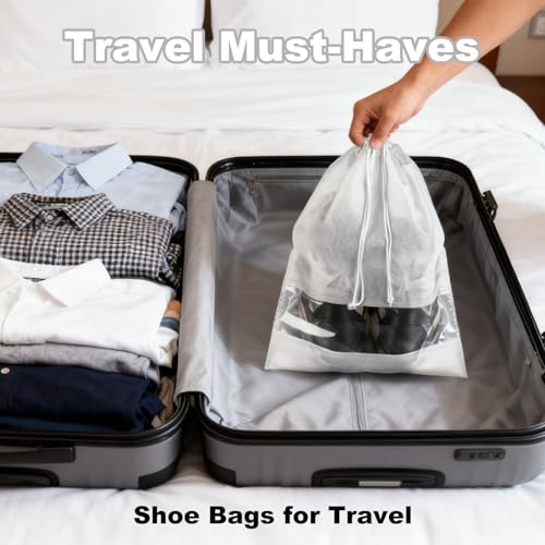 20 Pack Shoe Bags for Travel, 17" x 12.6" Drawstring Shoe Organizers with Clear Window, Breathable Non-Woven Dustproof Pouches for Luggage & Closet (White) - color: White