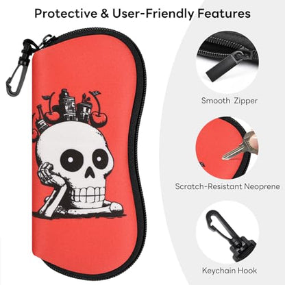 Sunglasses Case with Belt Clip, Ultra Light Neoprene Zipper Soft Padded Glasses Case for Women Men - color: Fun Skull