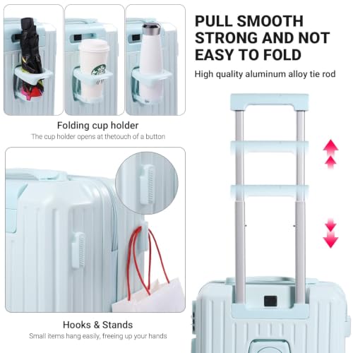 Carry-on Luggage with Cup Holder & USB Charging Port, Hard Side Luggage with Spinner Wheels, Lightweight Luggage for Travel, Business, School (light blue, Carry-On 20-Inch) - color: light blue
