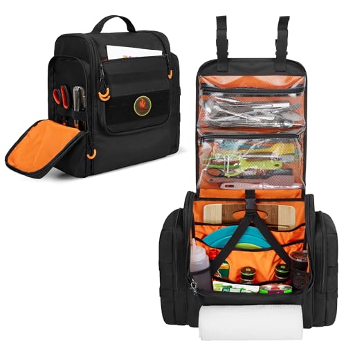 HODRANT Large Tactical Camping Kitchen Organizer, Hanging Cookware Storage Bag with Paper Towel Holder & Multi Pockets, Portable Camp Utensil Organizer for BBQ Cooking Essentials, Black, Bag Only - color: Black