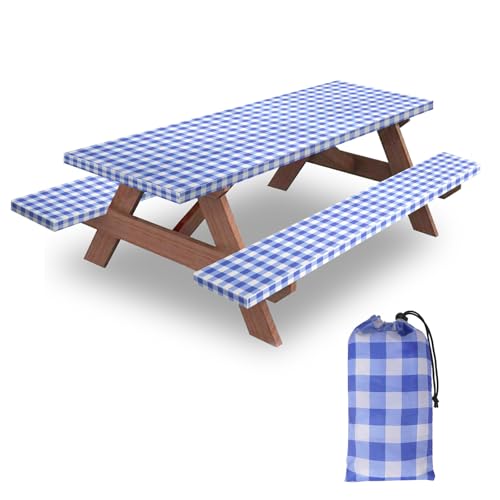 8ft Picnic Table and Bench Cover, Camping Essentials RV Gear, 96 in Waterproof Windproof Outdoor Elastic All Around Tablecloth, Fitted Rectangle Tables and Seats, Blue-White Checkered - color: Blue-white Checkered, size: 96"