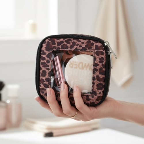 DOB SECHS Mini Leopard Makeup Bag for Purse 5.1'' x 5.1'' Small Makeup Bag for Car Cute Clear Cosmetic Bags with Zipper, Tiny Toiletry Bag Lipstick Organizer Pouch Case Travel Essentials Storage Pouch - color: Brown Leopard