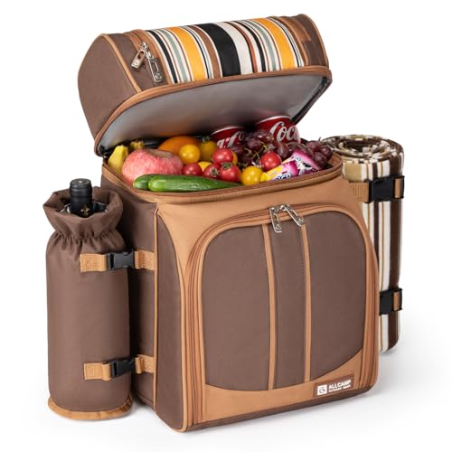 ALLCAMP Picnic Backpack - Insulated Cooler Bag with Compartment, Detachable Wine Glass Holder, Throw Blanket & Cutlery Set,2 Person Picnic Set for Family Outings, Couple Gifts (Brown) - color: Brown, size: 2 person