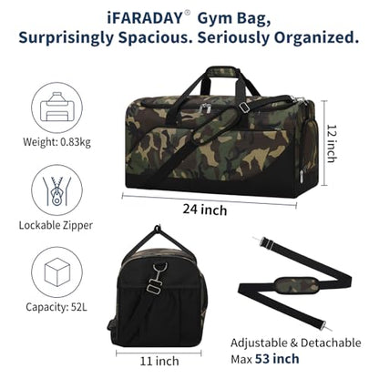 iFARADAY Men's Gym Bag with Shoe Compartment, 24 inch, Camo | 52L, Multi Pockets, Sport Duffle Bag, Travel, Fitness & Workout - color: Camouflage