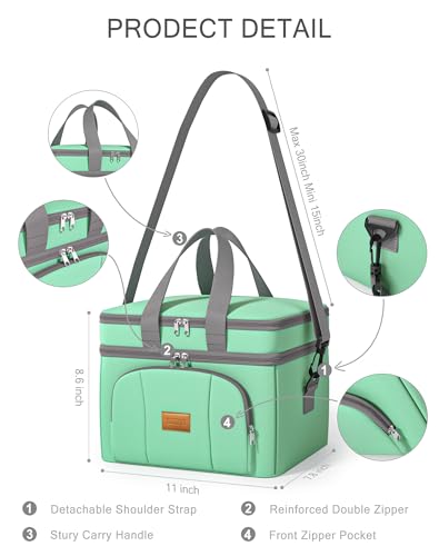 Rnivvi Lunch Box for Women, Double Decker Insulated Cooler Bag Lunch Bag Reusable Leakproof Tote Lunch Container with Strap for Work Family Picnic Hiking Camping, 18 Cans 12L, Large Adults, Green - color: Green