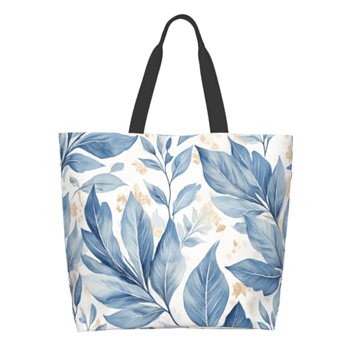 Shoulder Bag Large Reusable Eco-friendly Shopping Bags Portable Storage Handbag | Large - color: Artisan Blue Watercolor Leaf8