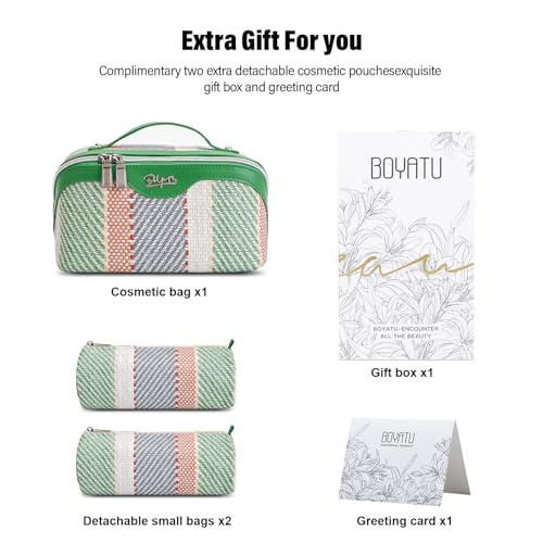 BOYATU Travel Makeup Bag Cosmetic Bag for Women: 3 Pcs Set Make up Bag with Compartments - Waterproof Vegan Leather Toiletry Bags with Handle - Makeup Organizer for Travel Essentials(C-2-Green) - color: C-2-Green