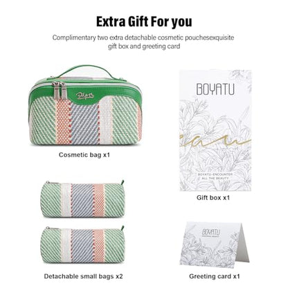 BOYATU Travel Makeup Bag Cosmetic Bag for Women: 3 Pcs Set Make up Bag with Compartments - Waterproof Vegan Leather Toiletry Bags with Handle - Makeup Organizer for Travel Essentials(C-2-Green) - color: C-2-Green