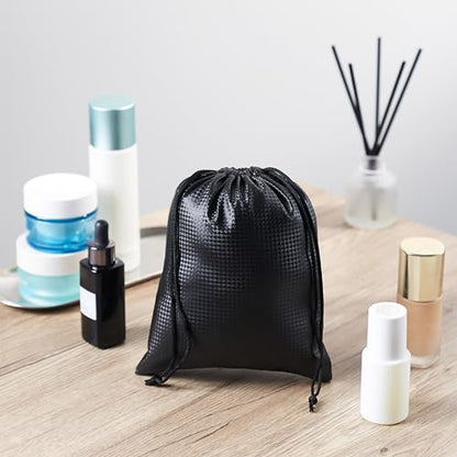 PALTERWEAR Tech-Weave PU-Coated Drawstring Bags (Set of 5) Water-Resistant, Directional-Stretch Travel Organizers for Goody Bag, Toiletries, Tech Gear, Charger - Wipe-Clean (Black 3D, 6 x 8 Inch) - size: 6 x 8 Inch