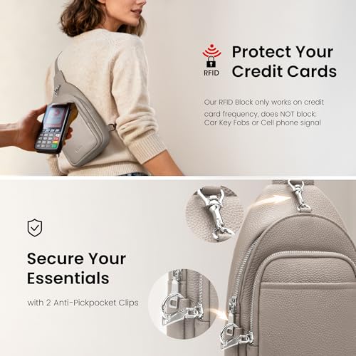 befen Genuine Leather Small Sling Bag for Women Anti-Theft Crossbody Chest Bags Multi-Pockets Fanny Pack with RFID Card Slots - color: Beige Grey