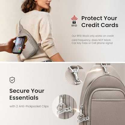 befen Genuine Leather Small Sling Bag for Women Anti-Theft Crossbody Chest Bags Multi-Pockets Fanny Pack with RFID Card Slots - color: Beige Grey
