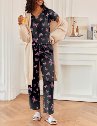 Ekouaer 2 Piece Womens Pajamas Short Sleeve Top and Long Pants Pjs Set Printed Sleepwear with Pocket - color: Black Butterfly, size: Medium