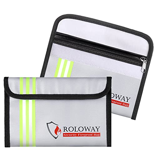 ROLOWAY Small Fireproof Bag (5 x 8 inches) with Reflective Strip, Non-itchy Fireproof Money Bag for Cash, Valuables, Passport, Currency & Keys (2-Pack Silver) - size: 8 x 5 inch, style: Silver With Reflective Strip
