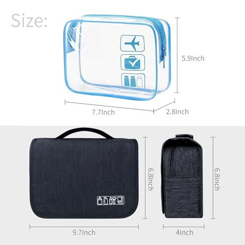 Lcsmaokin Large Capacity Toiletry Bag Travel Bag with Hanging Hook for Men and Women Waterproof Travel Cosmetic Bag Bathroom Bag,with TSA Approved Zippers Clear Travel Makeup Bag Carry-on - color: A-Black+Clear Blue