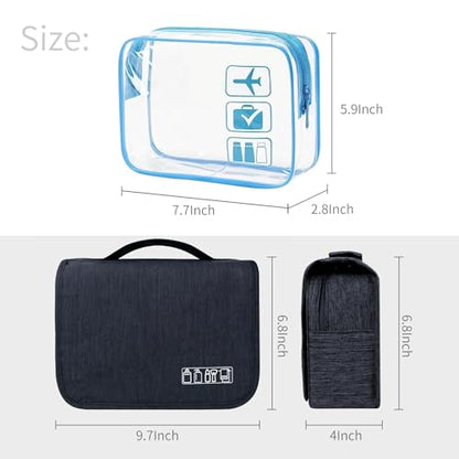 Lcsmaokin Large Capacity Toiletry Bag Travel Bag with Hanging Hook for Men and Women Waterproof Travel Cosmetic Bag Bathroom Bag,with TSA Approved Zippers Clear Travel Makeup Bag Carry-on - color: A-Black+Clear Blue