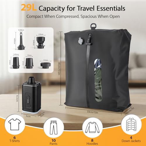 KXB Vacuum Seal Bags for Travel Luggage with Wireless Pump, 29L Compression Bags for Carry-On Suitcase & Travel Backpack, Reusable IP67 Waterproof Vacuum Storage Kit(2PC + PUMP)