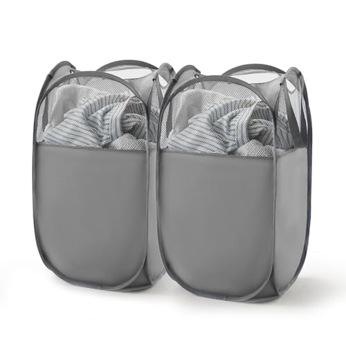 TECHMILLY Pop Up Foldable Laundry Basket, Mesh Laundry Hamper with Reinforced Handles for Dirty Clothes Storage in Dorm, Laundry Room, Bathroom, Grey(Fabric), 2 Pack - color: Grey(fabric), size: 2 Pack