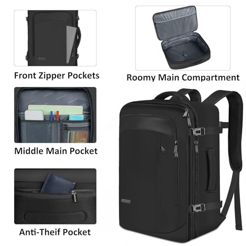 Vancropak Backpack for Men, Extra Large 50L Travel Backpack, Carry on Airplane Approved Luggage Bag with 3 Packing Cubes for Suitcases, Overnight Weekender Business Hiking Daypack Bag, Black