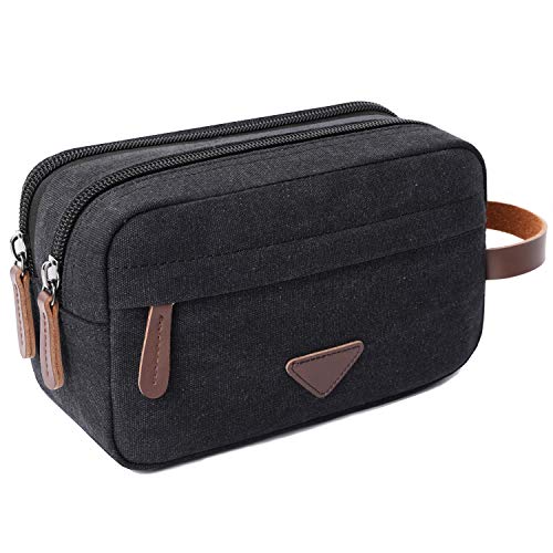 Mactso Men's Toiletry Bag, Vintage Canvas Leather Travel Dopp Kit with 2 Compartments, Heavy Duty Zipper, 9.5x5.5x4 Inch Retro Shaving Makeup Organizer for Business Travel Gym Camping (Black) - color: Black