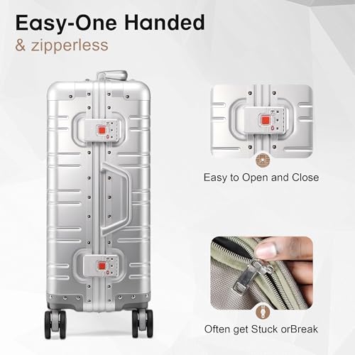 VentureVault All Aluminum Carry On Luggage 22x14x9 Airline Approved，Zipperless Luggage Premium Aluminum Suitcase Luggage, Hard Shell Carry On Luggage with Spinner Wheels (silver, 20inch) - color: Silvery, size: 20inch