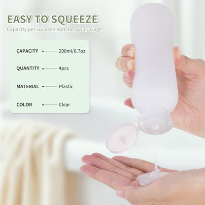 Empty Shampoo Bottles 6.7oz - Large Size Refillable Plastic Liquids Toiletry Containers - Empty Leak Proof Lotion Toiletries Dispenser - Clear Flip Cap Top Body Wash and Cosmetic Set 4 Pack - color: Clear