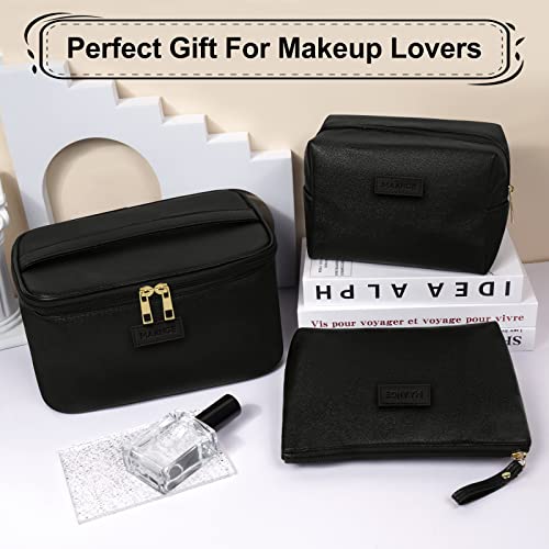 MAANGE Makeup Bag - Large Cosmetic Bag with 2pcs Small Makeup Bags Portable Leather Travel Makeup Bag Set Toiletry Bag Make Up Bags for Women and Girls (Black) - color: Black