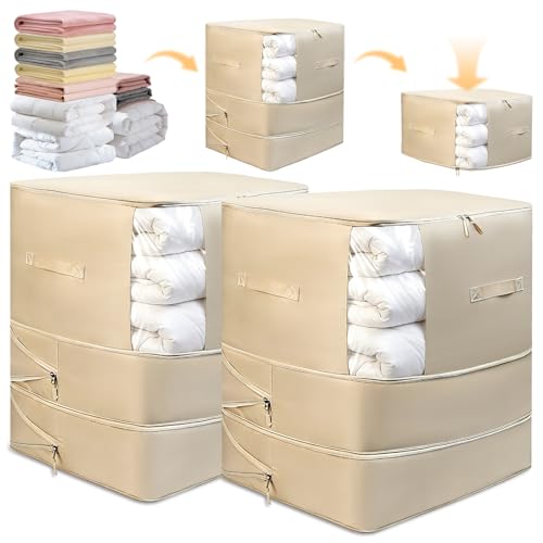 2 Pack Space Saving Comforter Storage Bag with Handle, 3-Layer Compression Blanket Storage Bags Adjustable In 3 Sizes (142L, 107L, 71L), Washable Bedding Organizer For Pillow Duvet Clothing Plush Toy - color: Beige, size: 2 Pack