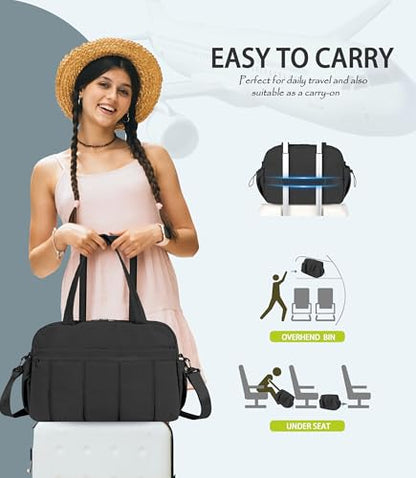 Lightweight Travel Duffle Bag for Women, Quilted Puffy Weekender with Wet Pocket for Gym, Overnight, Personal Item Carry On, Black - color: Black