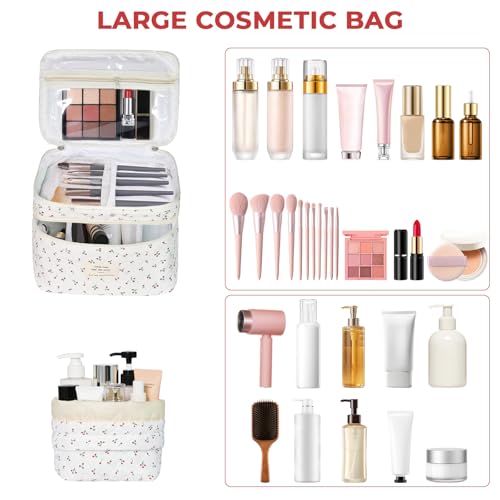 Gosect Makeup Bag, Quilted Cosmetic Bag Set, Drawstring Makeup Bag with Canvas Lining, Large Floral Toiletry Bag for Women Girls, Cute Cotton Flower Travel Organizer Bag (White Cherry - color: White Cherry