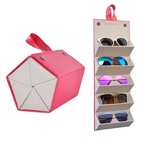 Kenpal Sunglasses Storage Organizer Holder Foldable Travel Case with 5 Slot Compartments for Multiple Glasses - color: Red