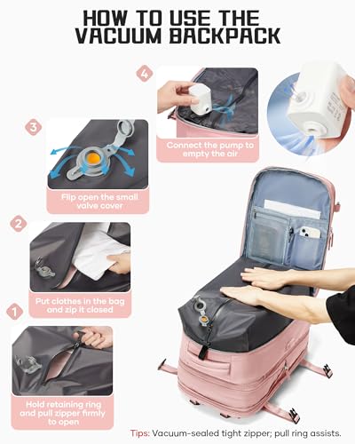 wepadre Vacuum Backpack Travel with Pump Travel Backpack with Vacuum System Expandable Vacpack Compression Backpacks for Travel Easy Vac Pack Carry on Luggage - color: Pink