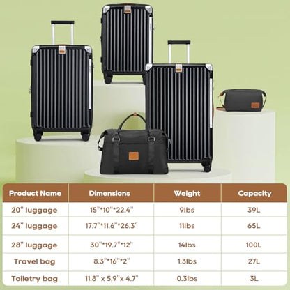 Joyway 5 Piece Luggage Set with Cup Holder, Expandable 25% Capacity, Includes Handbag, Anti Slip Wheels, Hook, Smart Carry On Suitcase for Men and Women, Spinner Travel Black - color: Black, size: 5 piece set (20/24/28inch-Handbag)