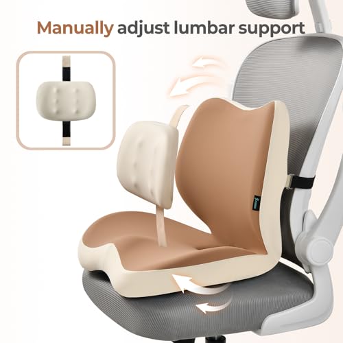 FLORICH 2 in1 Truck Seat Cushion and Lumbar Support Pillow Memory Foam Car Seat Cushion with Adjustable Strap for Truck Driver Long Drives, Fits Semi Truck Seat,Car,Office&Gaming Chair(Brown)