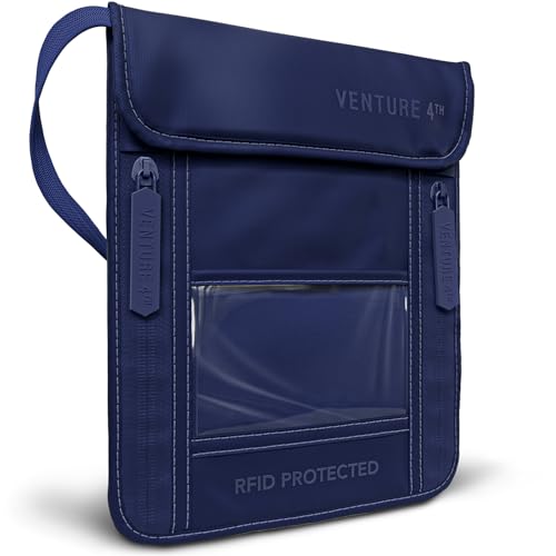 VENTURE 4TH Neck Wallet for Women & Men – RFID Blocking Passport Holder for Travel, Hidden Neck Pouch with 6 Compartments, Slim Lightweight Travel Organizer with Adjustable Strap (Sleek Navy Blue) - color: Sleek Navy Blue