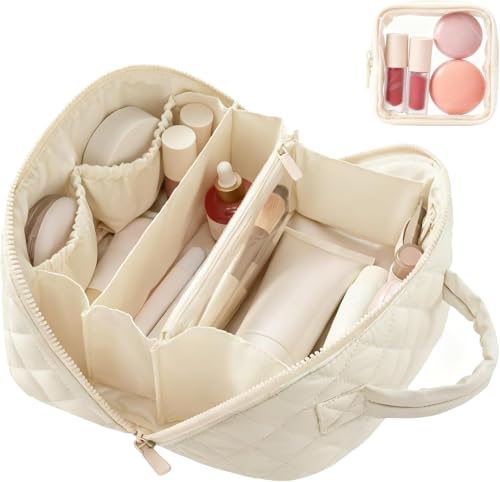 Makeup Bag for Woman, Travel Makeup Bag, Wide Open Lay-Flat Water-Resistant Cosmetic Case, Puffy Padded Organizer for Toiletries & Brushes Large Capacity with Compartments (White) - color: White