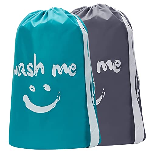 HOMEST 2 Pack XL Wash Me Travel Laundry Bag with Strap, Dirty Garments Organizer, Large Enough to Hold 4 Loads of Clothes, Easy Fit a Hamper or Clothing Basket, Grey and Sky Blue - color: (Ⅲ- With strap )Grey & Sky Blue