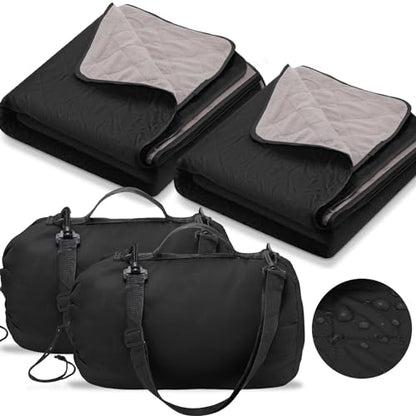 Tranqun 2 Large Outdoor Blanket 78'' x 55'' Quilted Windproof Waterproof Fleece Sandproof Stadium Foldable Warm Blanket for Camping Picnic Sporting Events Cold Weather (Black) - color: Black