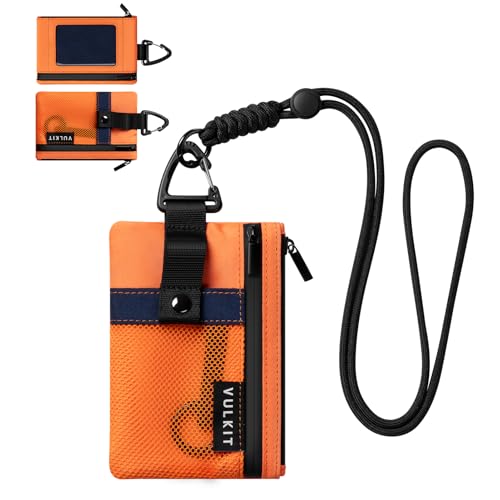 VULKIT Small Minimalist Wallet for Women and Men RFID Blocking, Zipper Coin Pouch with ID Window and Keychain, Water Resistant Travel Lanyard Wallet Orange - color: Orange
