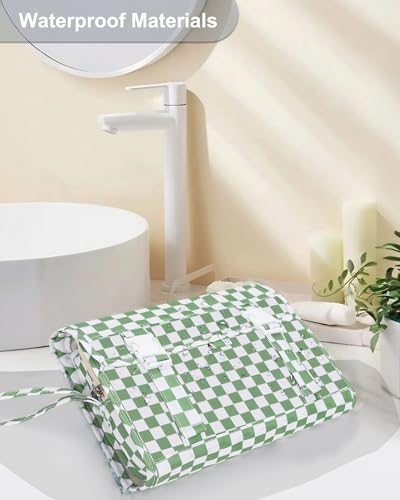 Relavel Travel Hanging Toiletry Bag for Women, Large Capacity Wash Bag with 360 degree Rotation Hanging Hook, Portable Toiletries Makeup Organizer Storage for Daily Use, Trip, Camping - Green Plaid - color: 03 Checkboard Green, size: Large