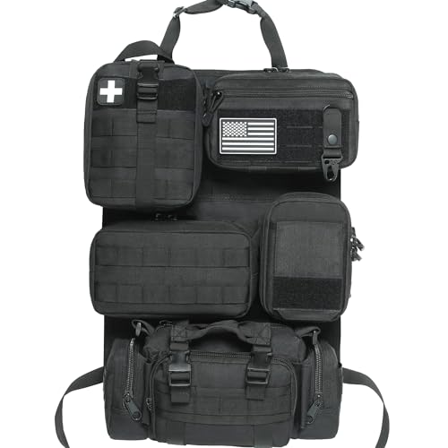 6 Pack Tactical Molle Car Seat Back Organizer - Tactical Vehicle Panel Organizer with 5 Detachable Molle Pouch,US Flag Patch and Keychain,Great Trunk Accessories for Man - color: A