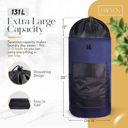 HAEVON Laundry Backpack - 131L Heavy Duty Laundry Bag with Padded Shoulder & Waist Straps, Removable Liner - College, Dorm, Apartment, Travel, Outdoor - Big Laundry Bag for Easy Carrying (Blue Black) - color: Navy Blue and Black