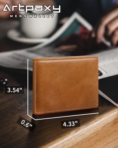 Artpaxy Mens Wallet Genuine Leather Bifold RFID Blocking Wallet for Men with 1 ID Window 13 Card Holders 2 cash pockets 1 Gift Box (Light Brown) - color: Light Brown