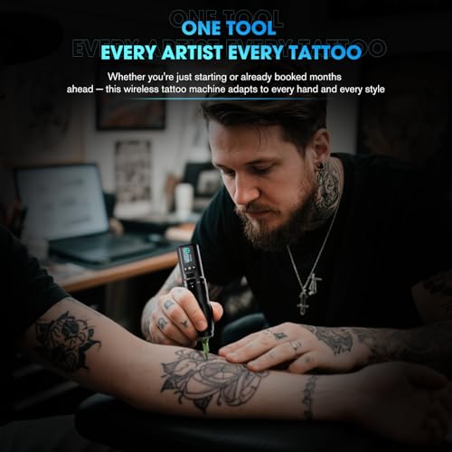 INKin Tattoo Kit for Beginners Complete Set with Tattoo Stencil Printer, Tattoo Gun with 7 Stroke 2.0-4.0mm and 1600mAh Power for Long Time Work of 8 Hours, Full Kit with Tattoo Needles and Tattoo Ink - size: Large Grip