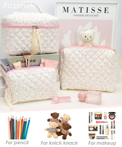 3PCS Makeup Bag SET Large Travel Quilted Zipper Soft Cosmetic Case Pouch for Women Girls Make Up,Little Flower Pink - color: Little Flower Pink, size: 3 PCS SET