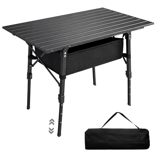 Outsunny 3ft Portable Camping Table with Storage Bag, Adjustable Height Aluminum Small Folding Table, Lightweight Picnic Table with Carry Bag for Outdoor Picnic BBQ Backyards Beach, Black - color: Black